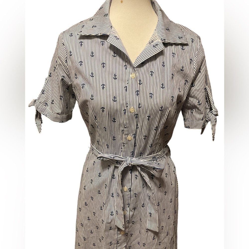 Chloe+rene Blue White Stripe Anchor Button Down Tie Front Knee Length Dress - Picture 3 of 8